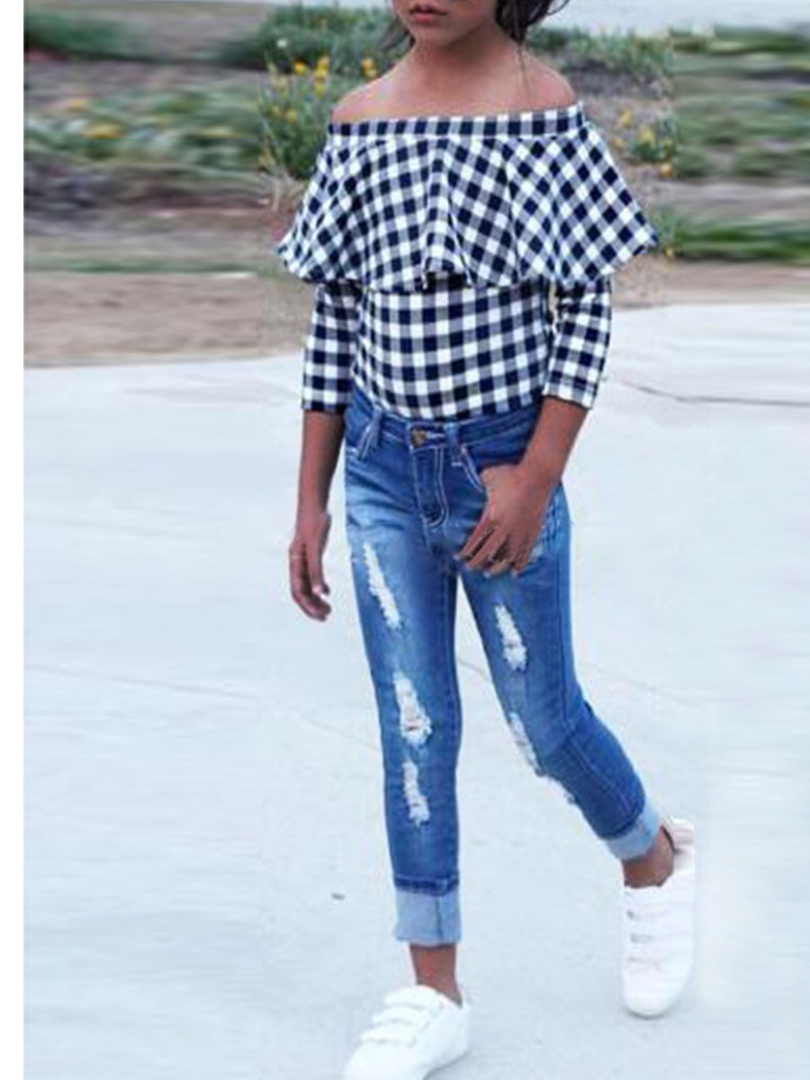 

lovely Trendy Grid Print Blue Girl Two-piece Pants Set