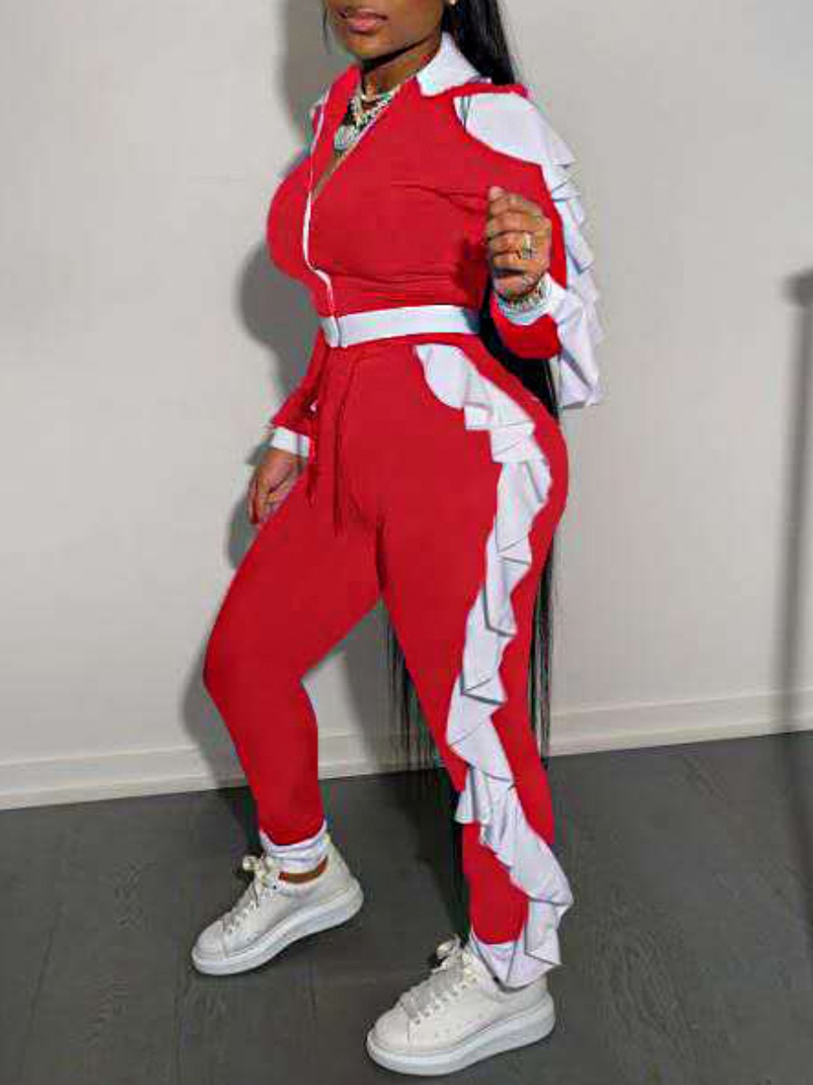 

lovely Sportswear Turndown Collar Patchwork Flounce Design Red Two Piece Pants Set