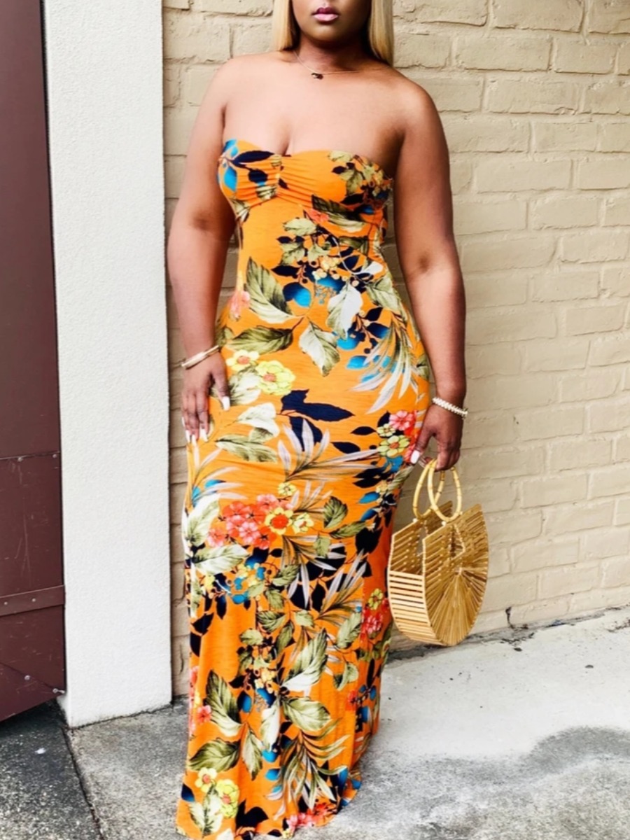 

lovely Bohemian Dew Shoulder Plants Print Orange Maxi Dress