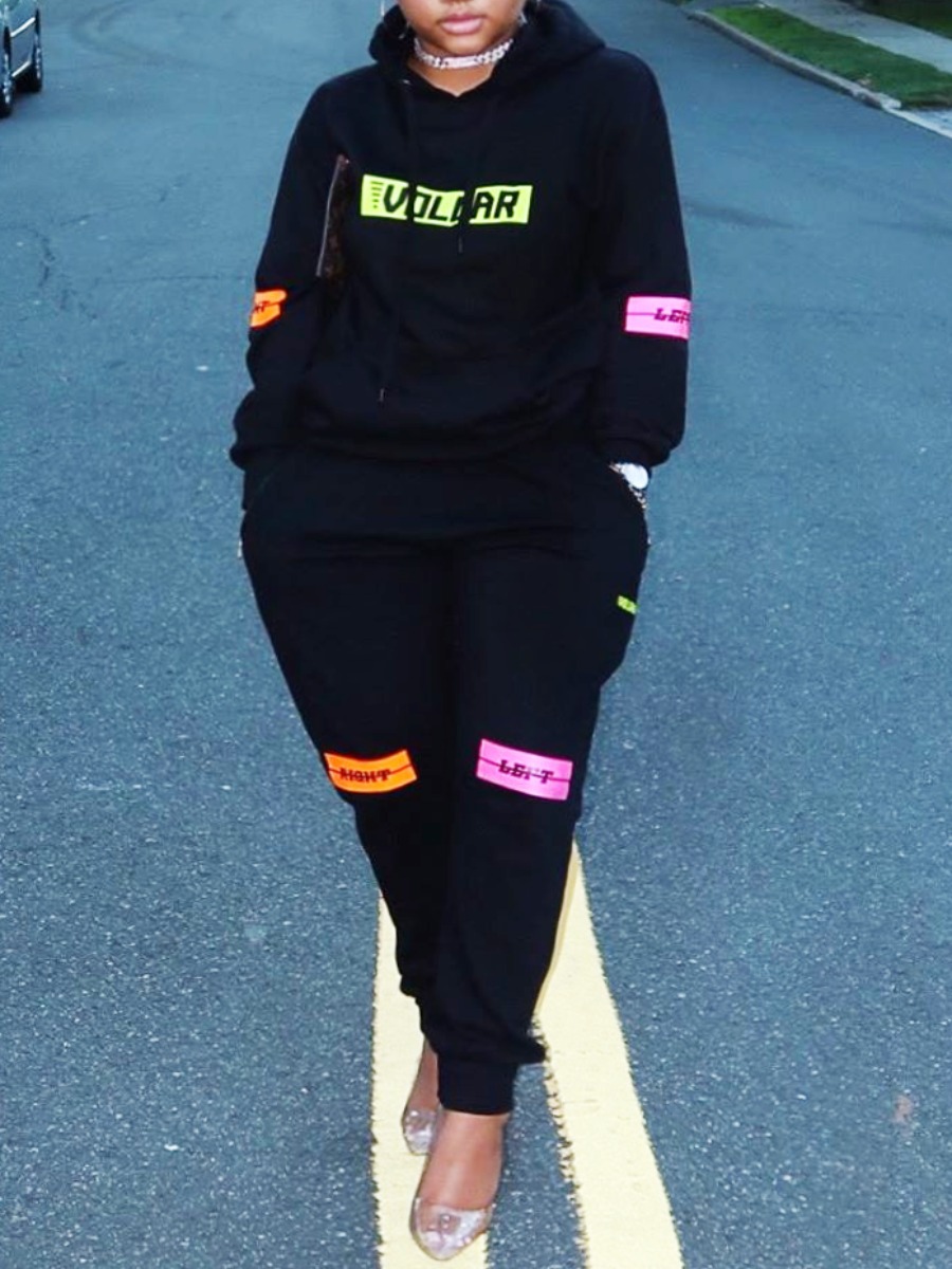 

lovely Casual Hooded Collar Letter Print Black Two Piece Pants Set