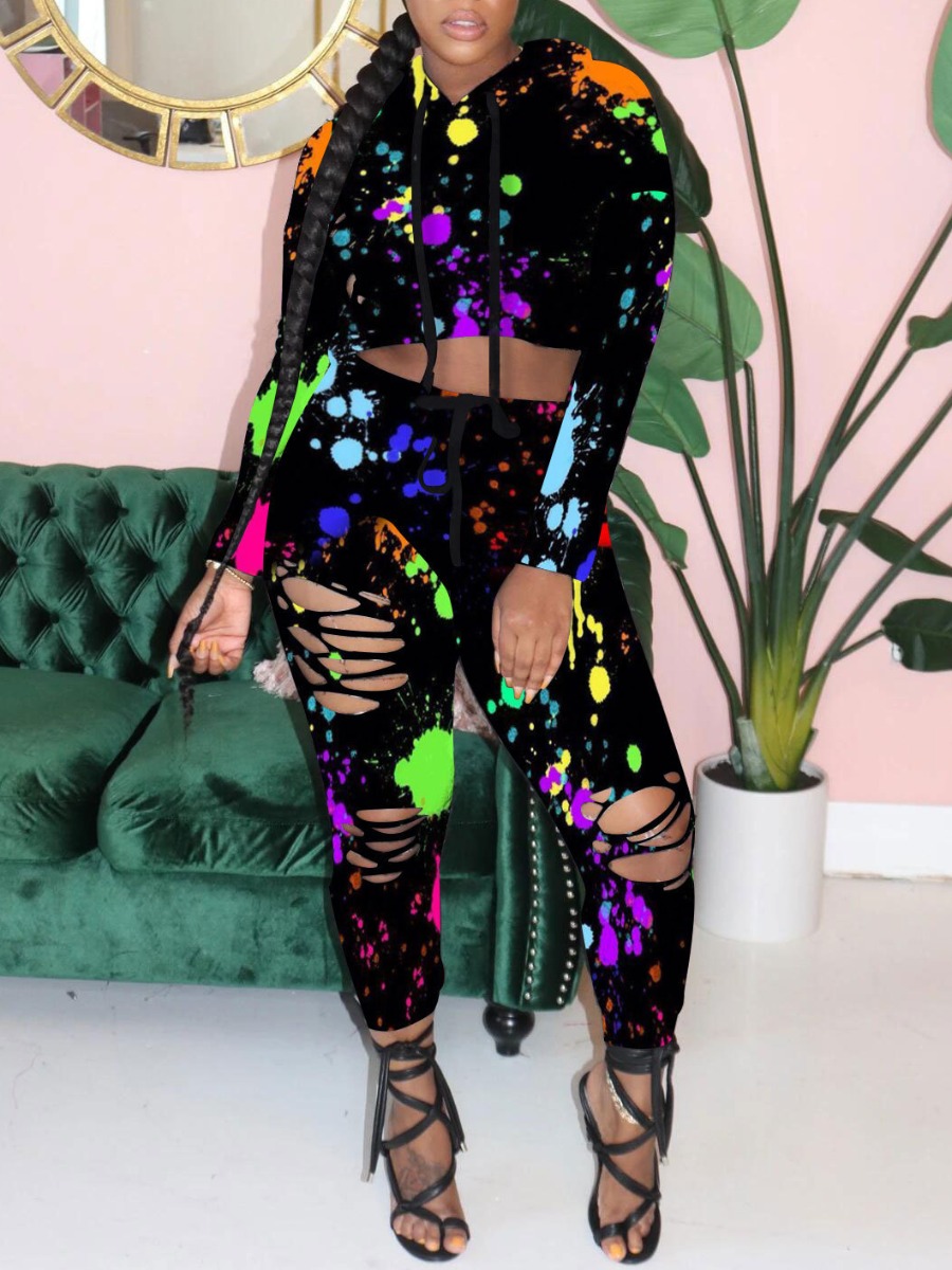 

lovely Sportswear Hooded Collar Graffiti Print Black Two Piece Pants Set