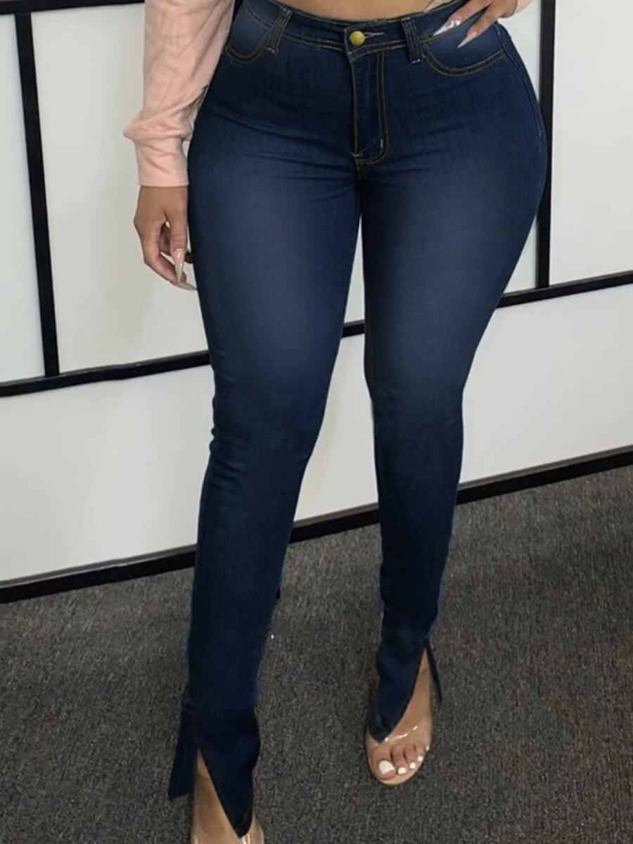 

LW BASICS Casual Side Slit Skinny Deep Blue Jeans