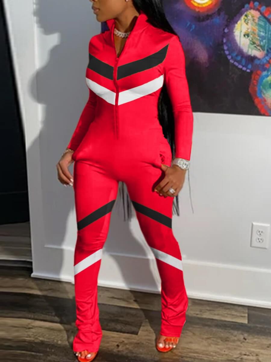 

lovely Sportswear Patchwork Zipper Design Red One-piece Jumpsuit