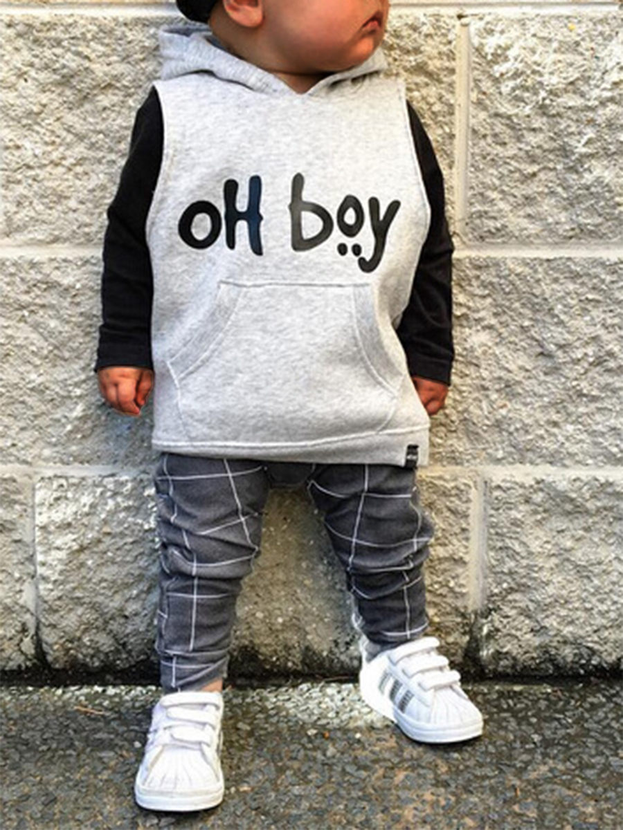 

lovely Sportswear Hooded Collar Letter Print Grey Boy Two-piece Pants Set