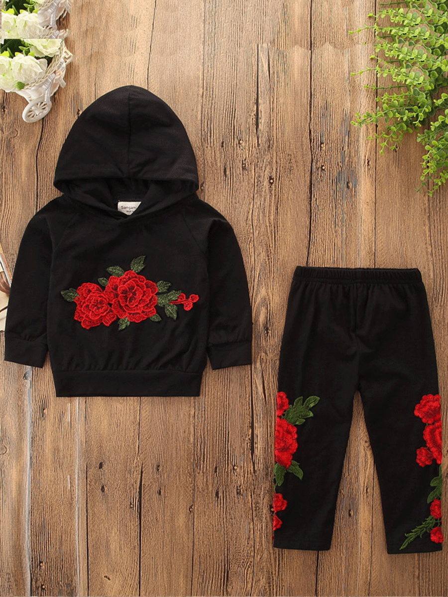

Lovely Sportswear Hooded Collar Rose Print Black Girl Two-piece Pants Set