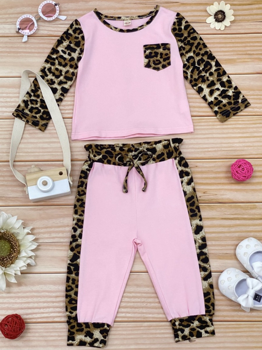 

Lovely Casual O Neck Print Patchwork Pink Girl Two-piece Pants Set