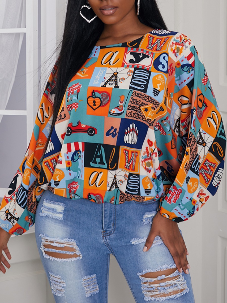 

lovely Casual O Neck Print Orange Blouse