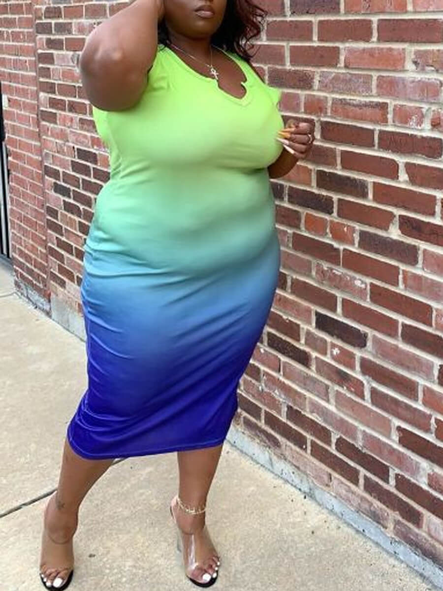 

LW Plus Size Sexy Gradual Change Green Mid Calf Dress