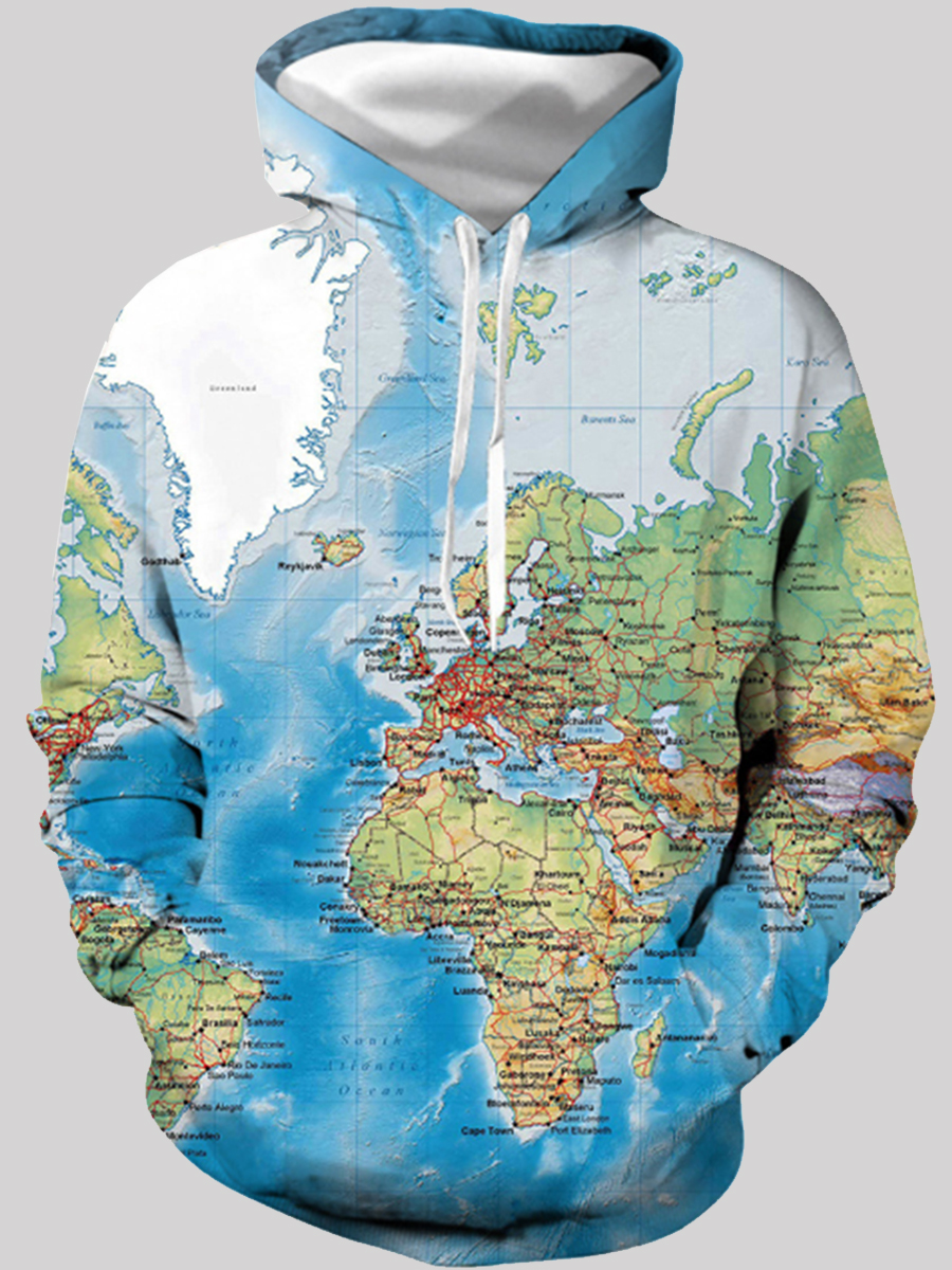 

Lovely Men Street Hooded Collar Print Blue Hoodie