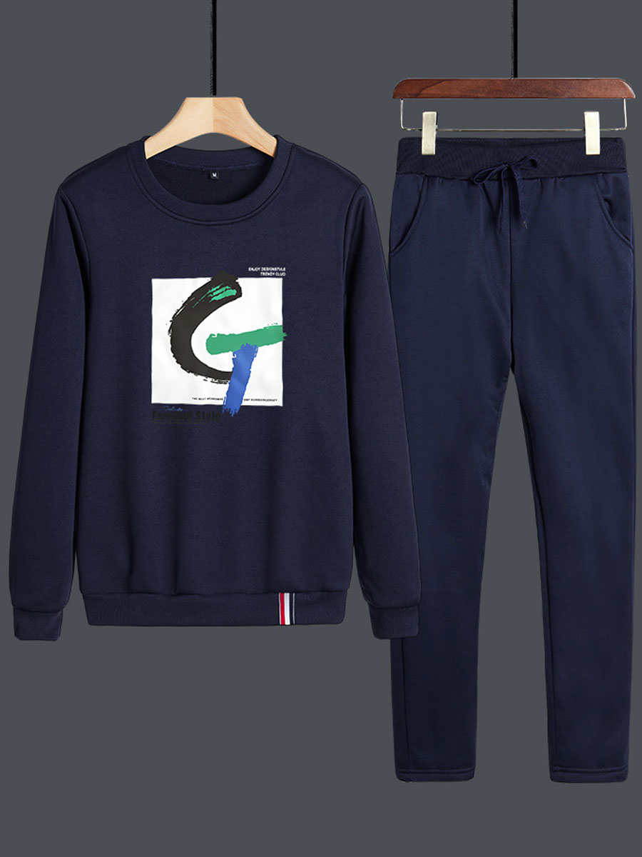 

lovely Leisure Hooded Collar Print Deep Blue Men Two-piece Pants Set