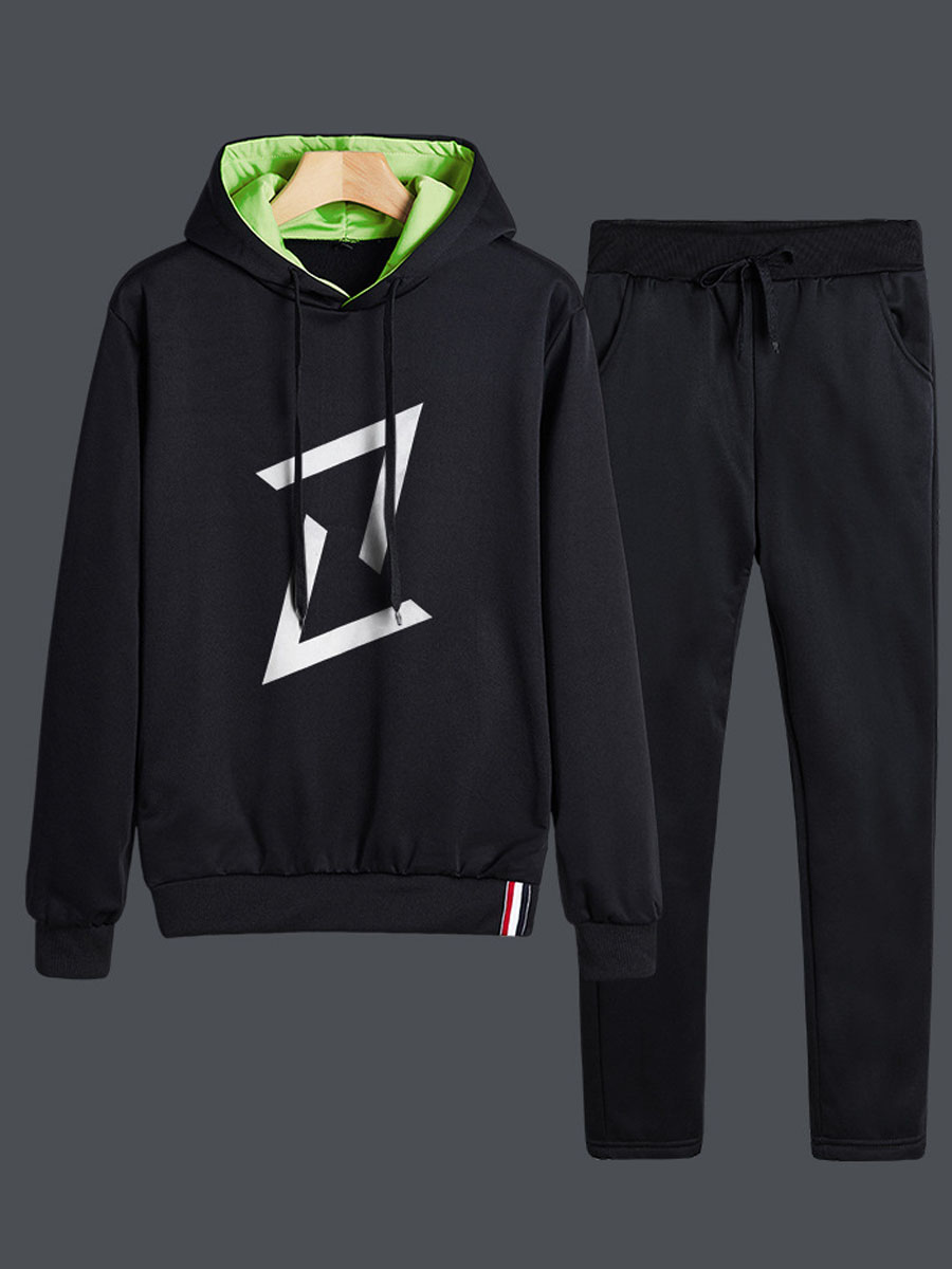

lovely Leisure Hooded Collar Print Black Men Two-piece Pants Set