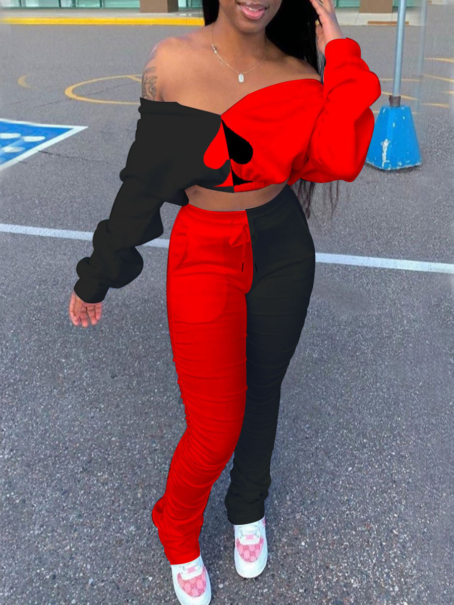 

lovely Sportswear Dew Shoulder Patchwork Red Two Piece Pants Set