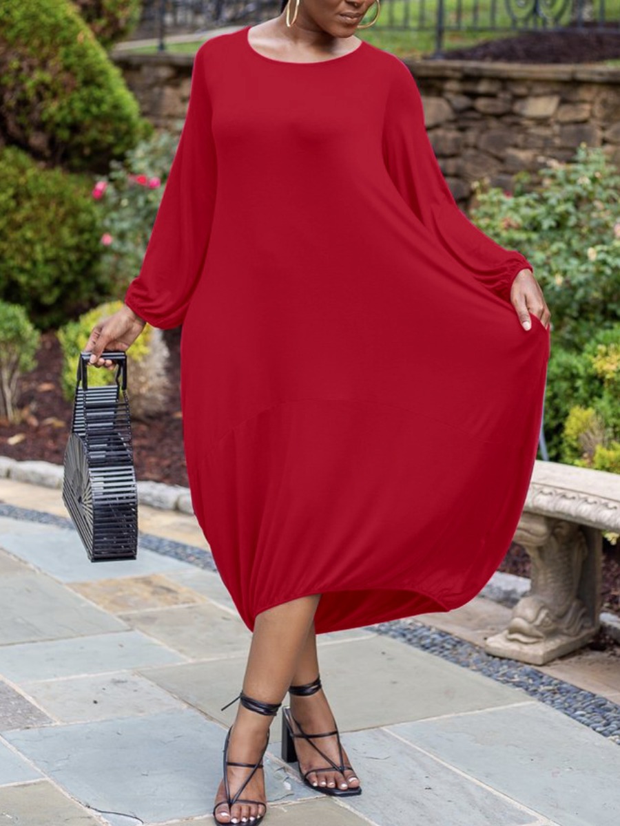 

Lovely Casual O Neck Basic Red Mid Calf Dress