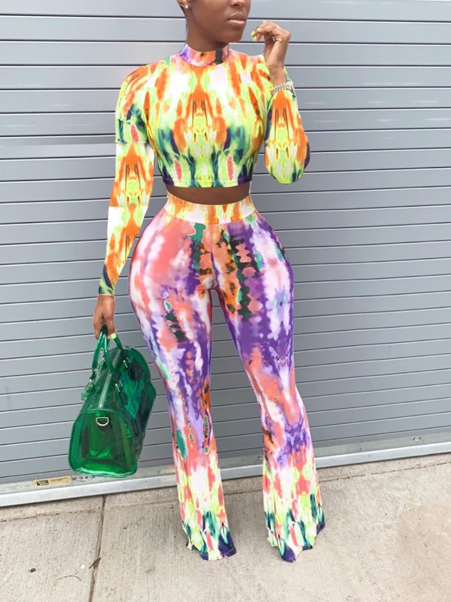 

lovely Stylish O Neck Tie Dye Yellow Two Piece Pants Set
