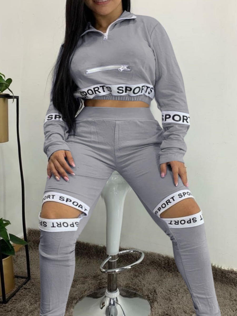 

lovely Street Letter Print Broken Holes Grey Two Piece Pants Set