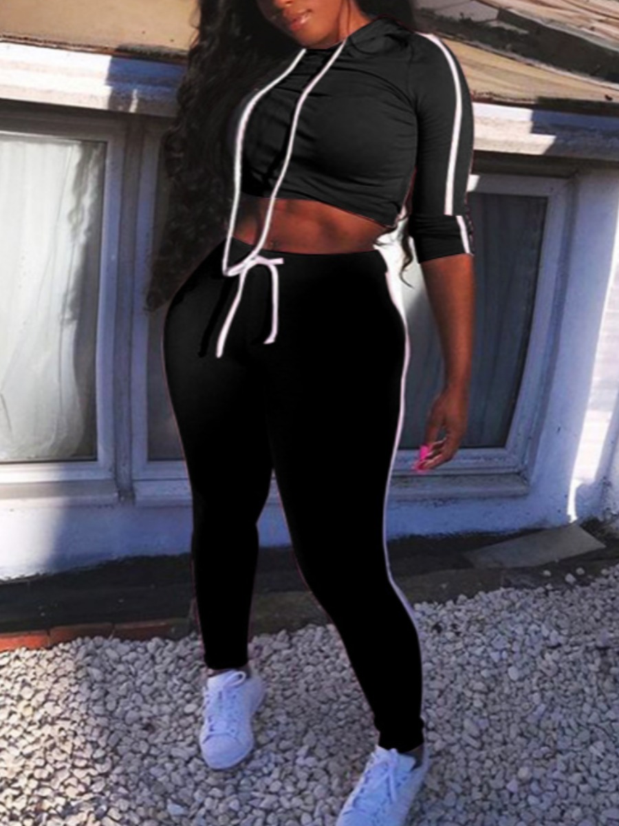 

lovely Sportswear Hooded Collar Patchwork Black Two Piece Pants Set