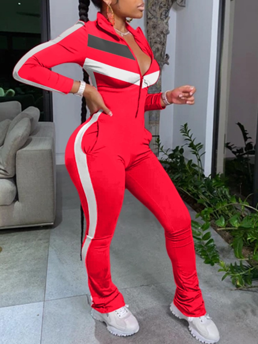 

lovely Sportswear Zipper Design Patchwork Red One-piece Jumpsuit