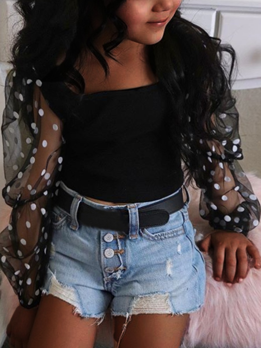 

lovely Trendy O Neck Dot Print Patchwork Black Girl Two-piece Shorts Set