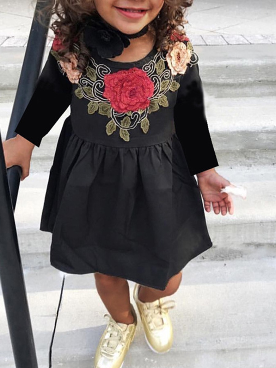 

lovely Casual O Neck Print Black Girl Knee Length Dress