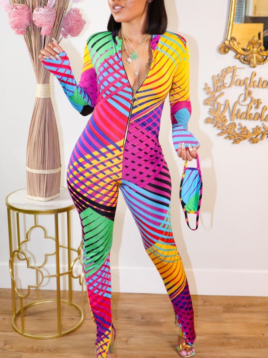 

lovely Leisure Print Zipper Design Mutlicolor One-piece Jumpsuit, Multi