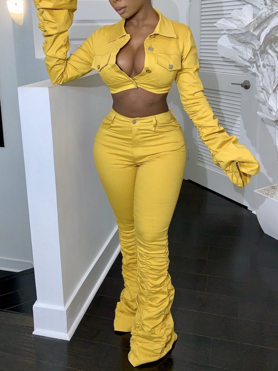 

Lovely Trendy Turndown Collar Fold Design Yellow Two Piece Pants Set