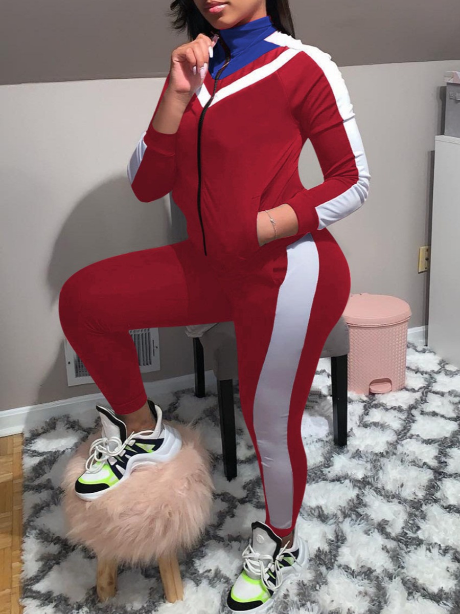 

lovely Sportswear Zipper Design Patchwork Wine Red Two Piece Pants Set