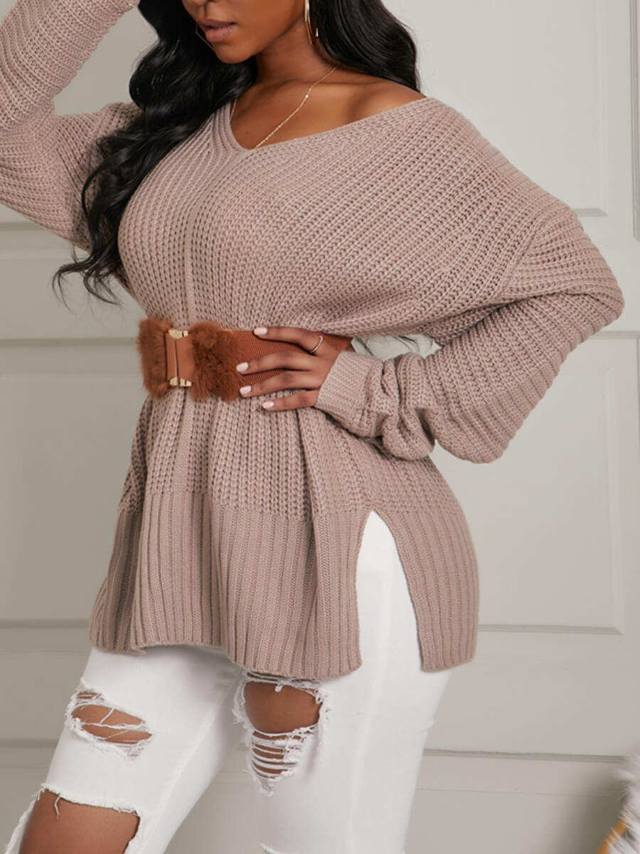 

Lovely Leisure V Neck Side Slit Khaki Sweater(Without Belt
