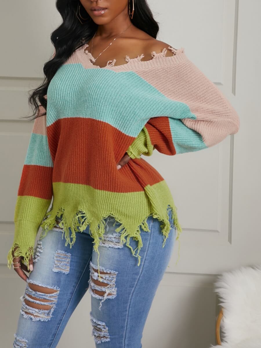

Lovely Leisure V Neck Patchwork Asymmetrical Orange Red Sweater