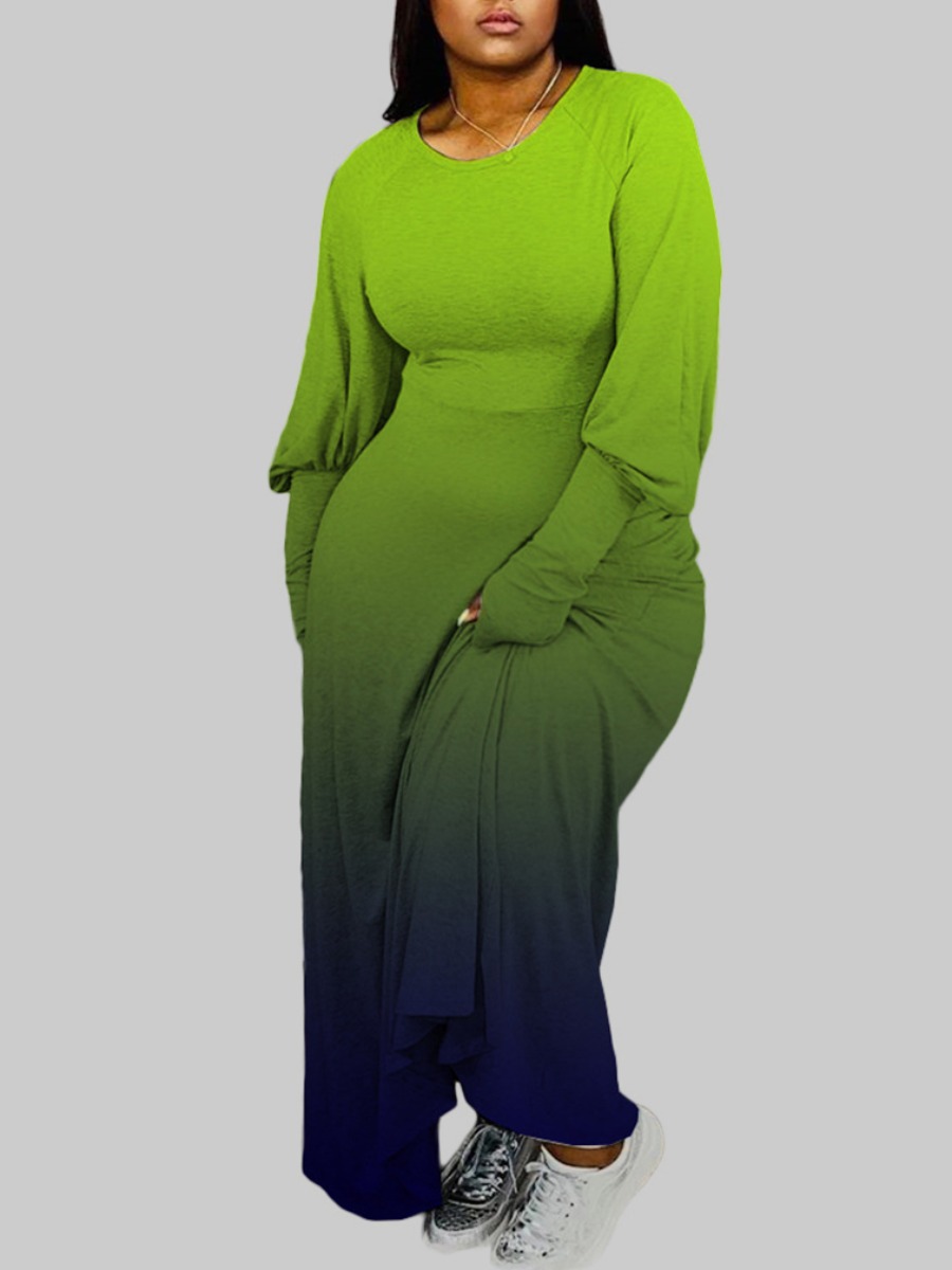 

lovely Trendy O Neck Gradient Green Ankle Length Plus Size Dress