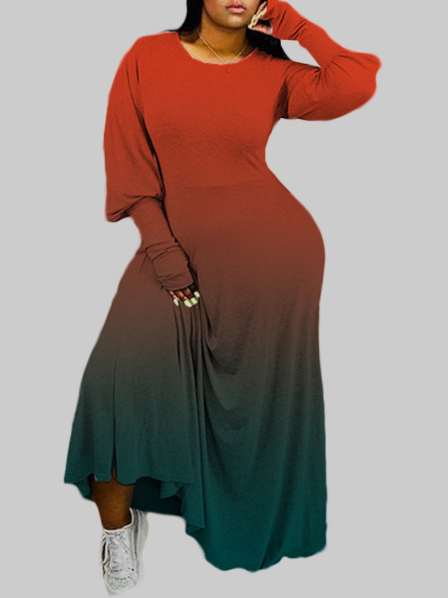 

Lovely Trendy O Neck Gradient Wine Red Ankle Length Plus Size Dress