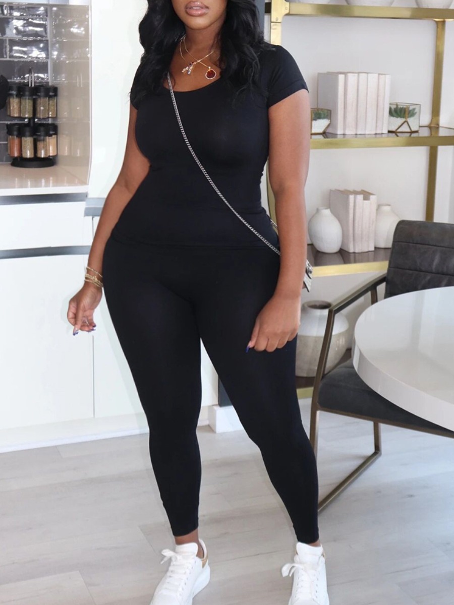 

lovely Casual O Neck Basic Skinny Black Plus Size Two-piece Pants Set