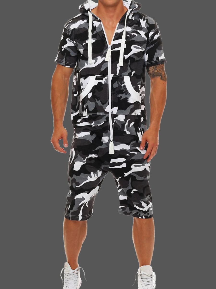 

lovely Leisure Hooded Collar Camo Print Men One-piece Romper