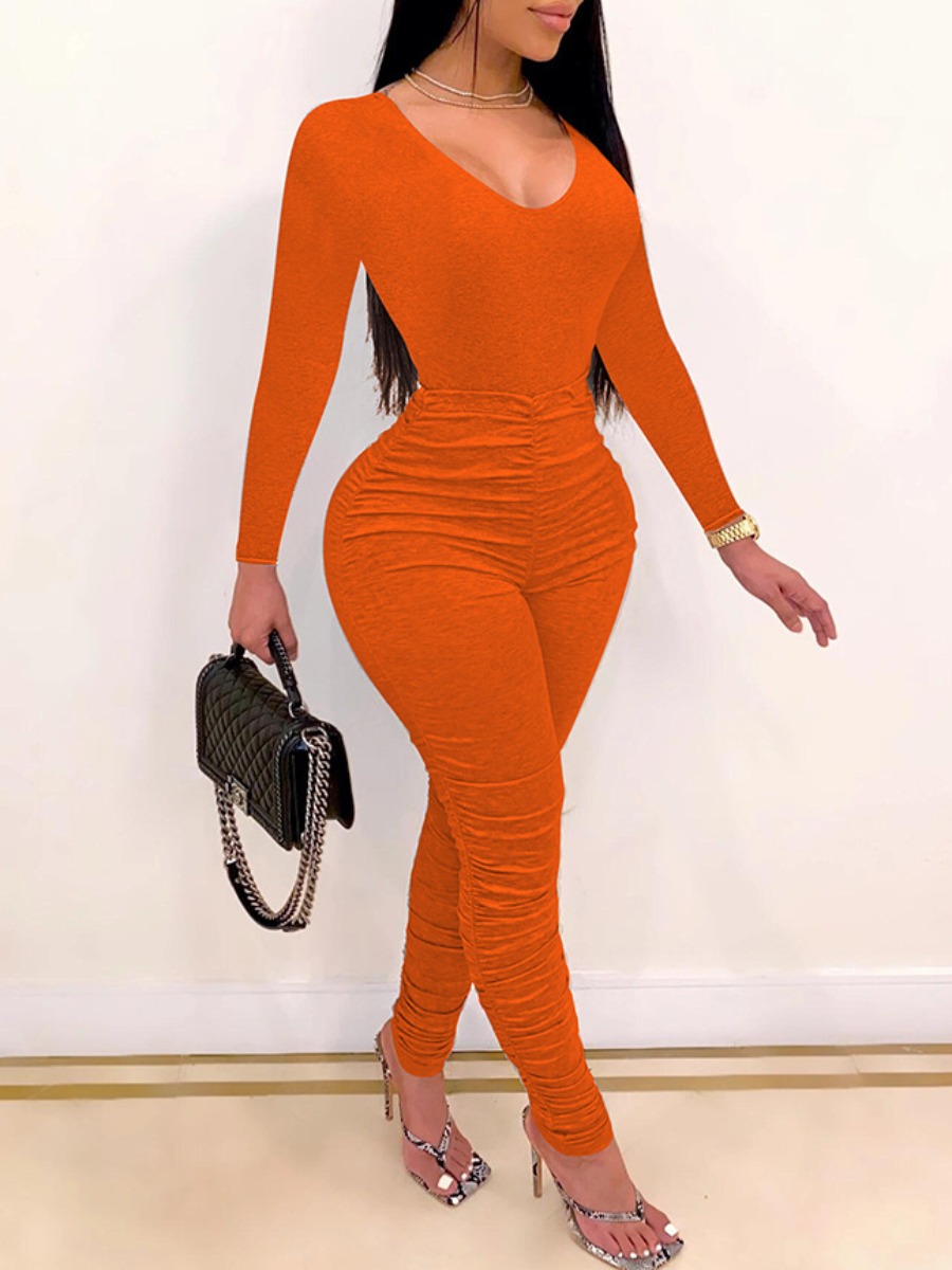 

lovely Trendy U Neck Fold Design Orange Red One-piece Jumpsuit