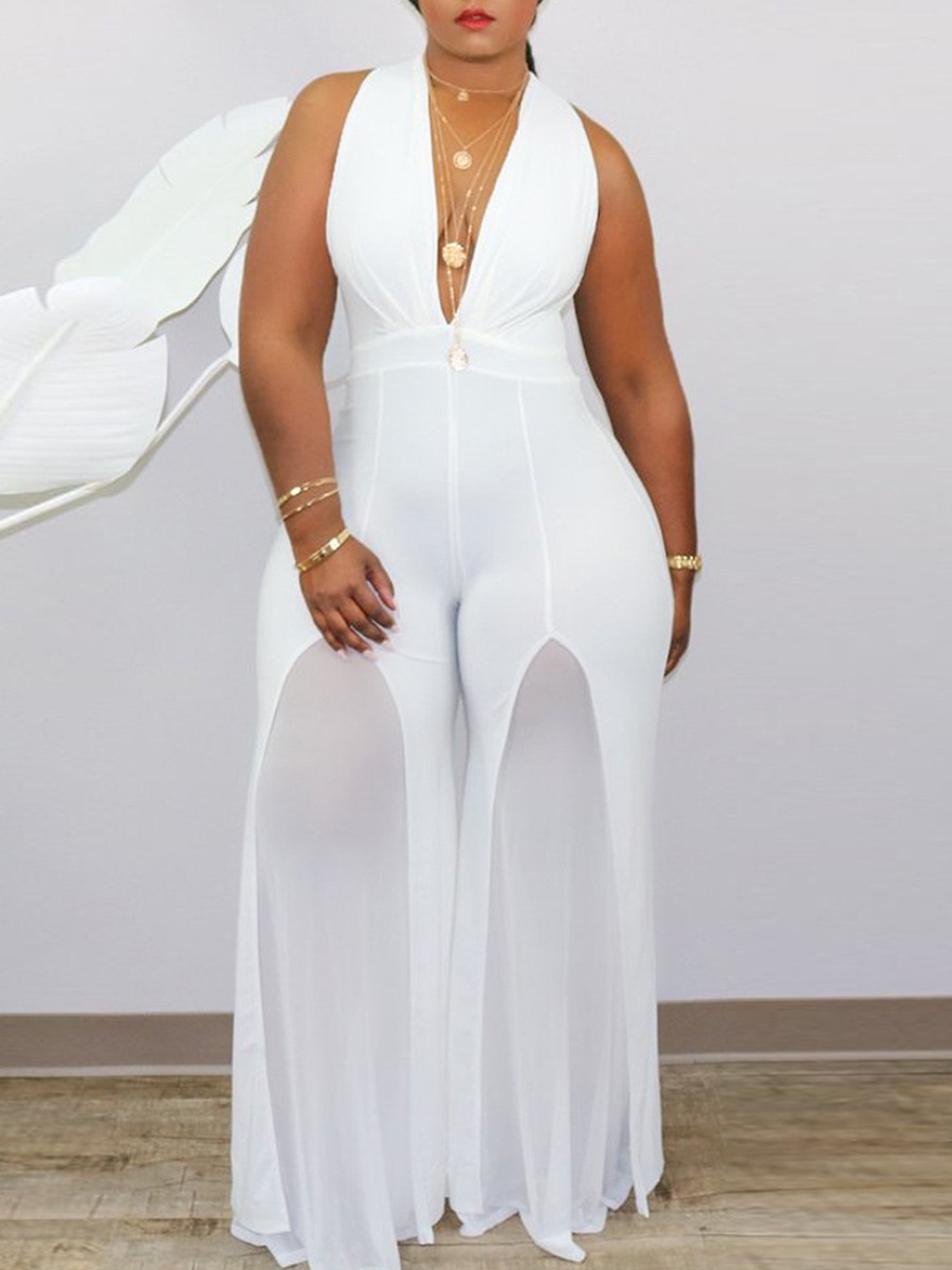 

lovely Trendy Deep V Neck Patchwork White One-piece Jumpsuit