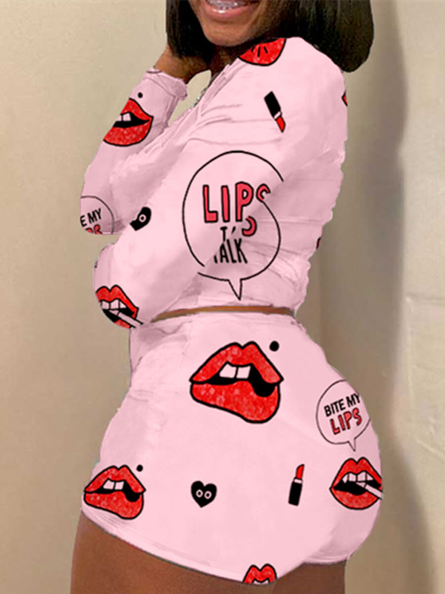 Lovely Stylish Lip Print Pink Two Piece Shorts Set