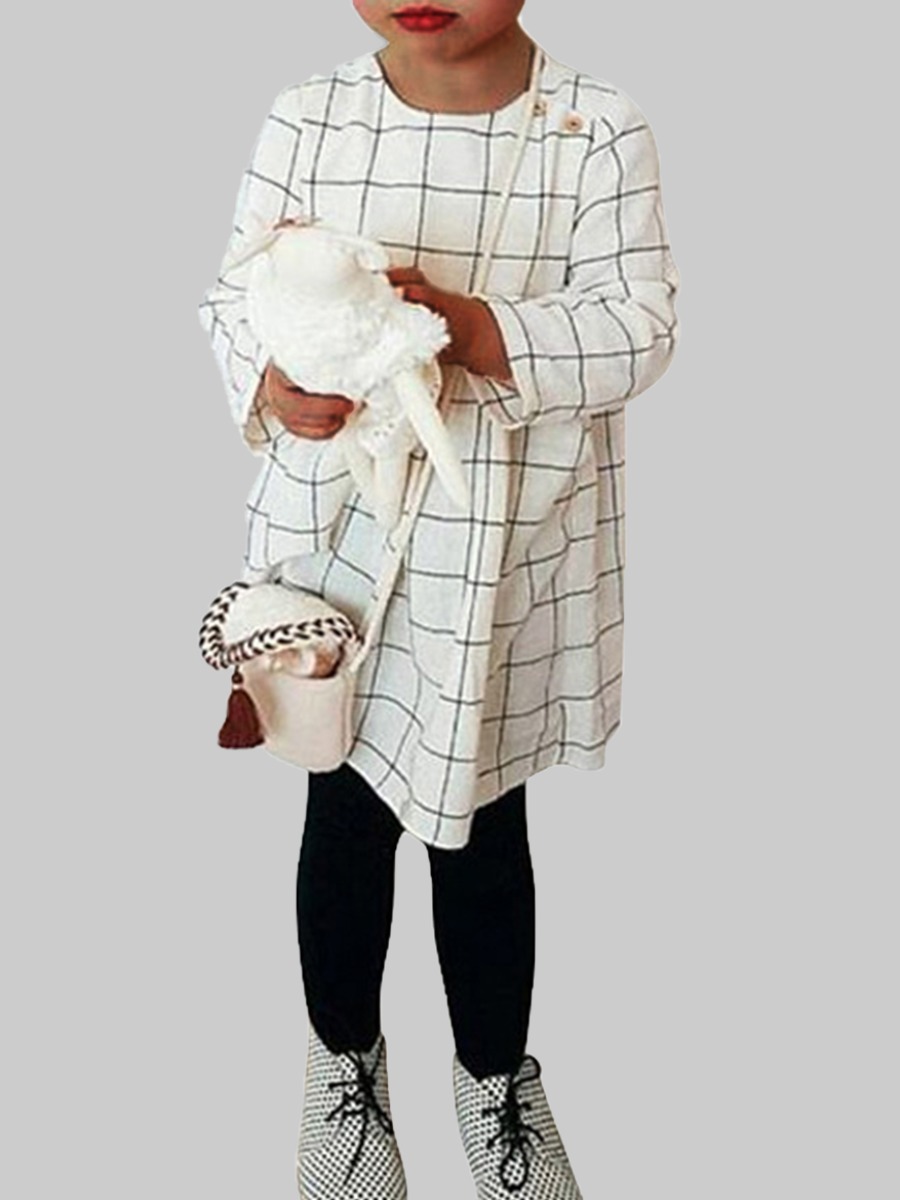 

lovely Casual O Neck Grid Print White Grid Knee Length Girl Dress