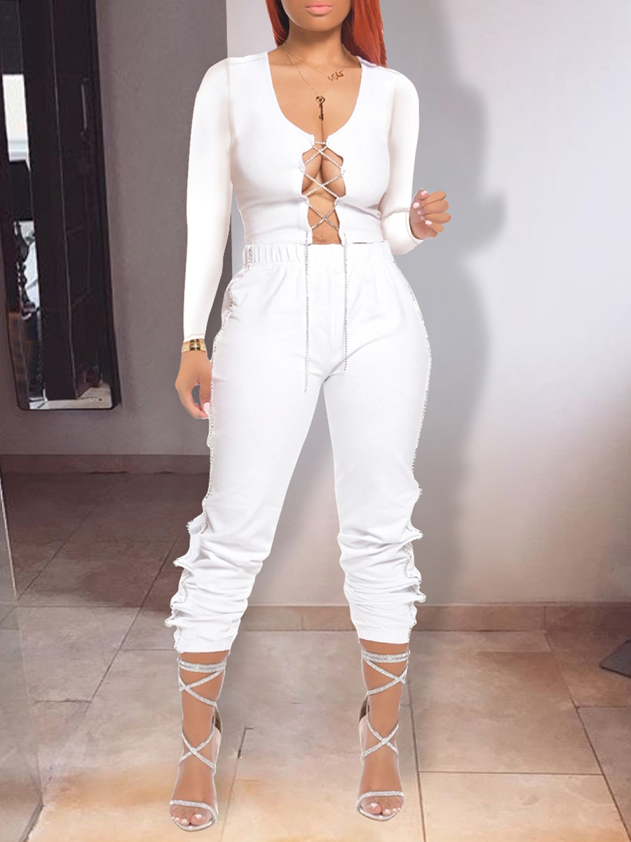 

Lovely Sexy Cross-over Bandage Design White Two Piece Pants Set