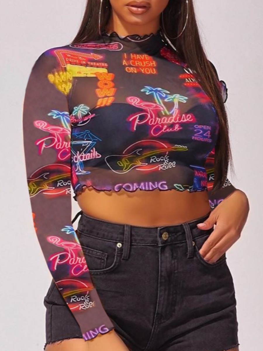 

lovely Casual Print See-through Multicolor Blouse, Multi