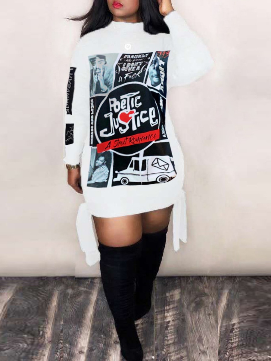 

lovely Casual O Neck Print White Mini Dress