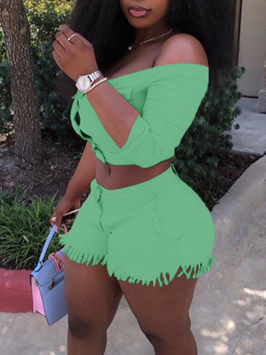 

lovely Trendy Dew Shoulder Tassel Design Green Two Piece Shorts Set