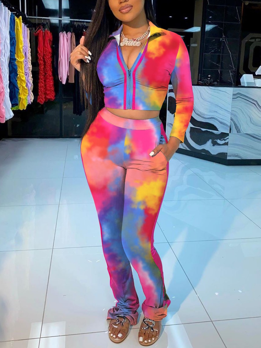 

lovely Stylish Turndown Collar Tie Dye Blue Two Piece Pants Set