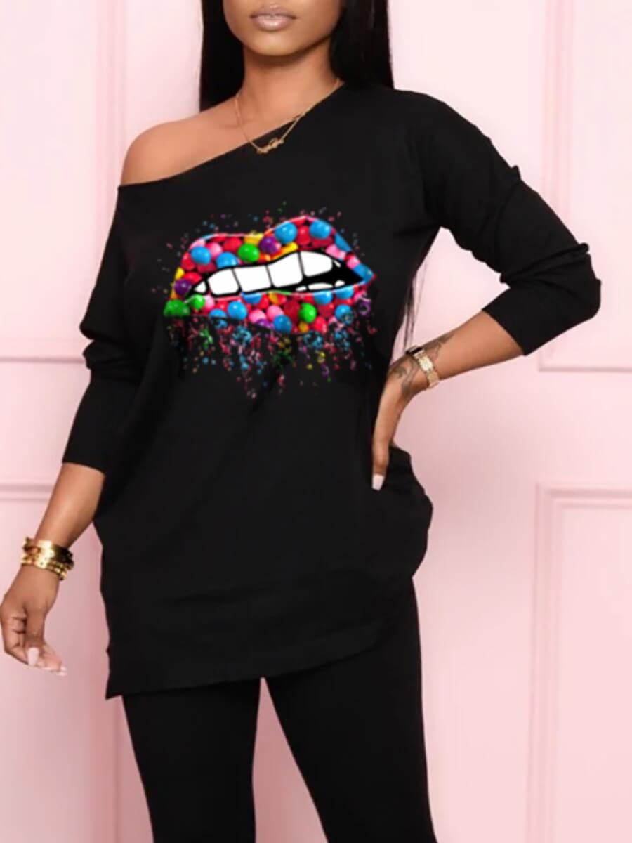 LW Leisure Lip Print Black T-shirt