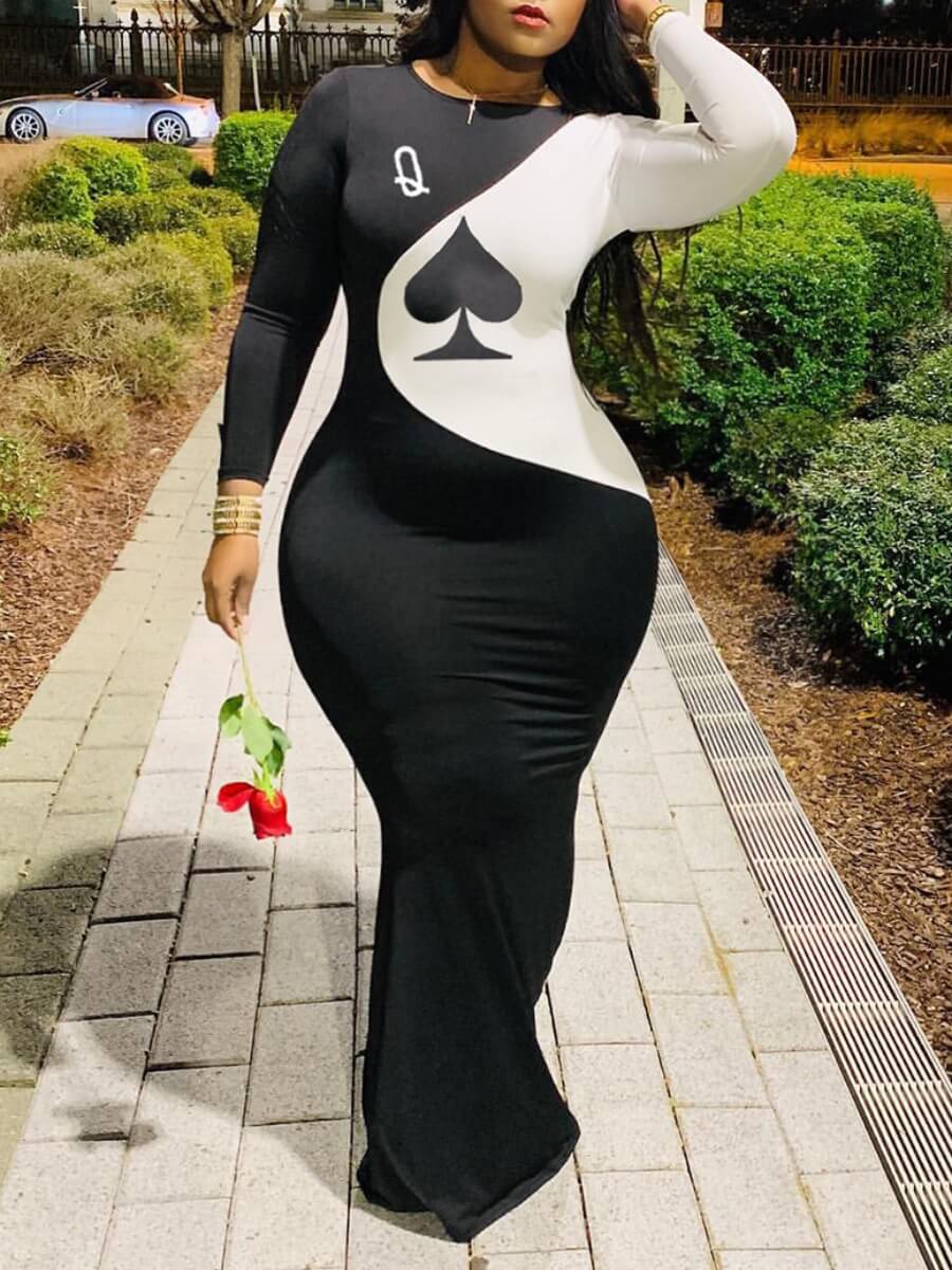 

LW Plus Size Casual O Neck Print Patchwork Black Maxi Dress