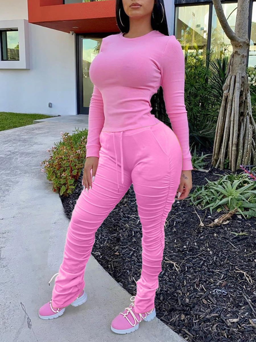 

Lovely Leisure O Neck Fold Design Pink Plus Size Two-piece Pants Set