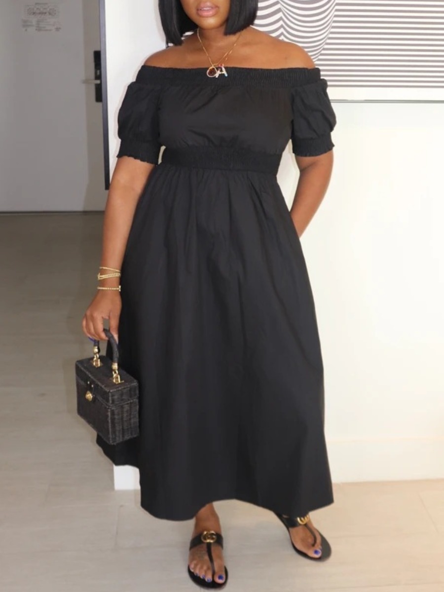

lovely Casual Dew Shoulder Basic Black Mid Calf Dress