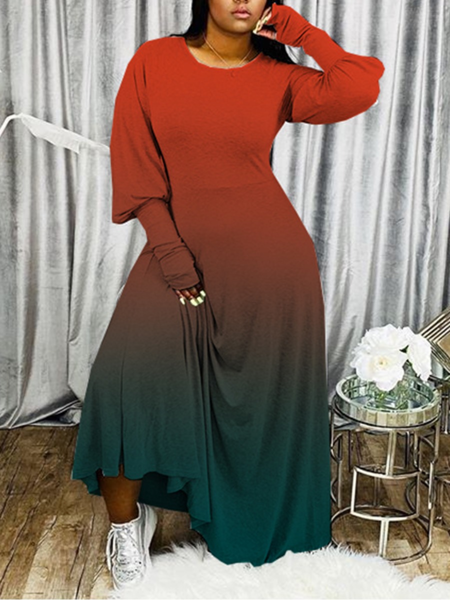 

lovely Trendy O Neck Gradient Wine Red Ankle Length Dress