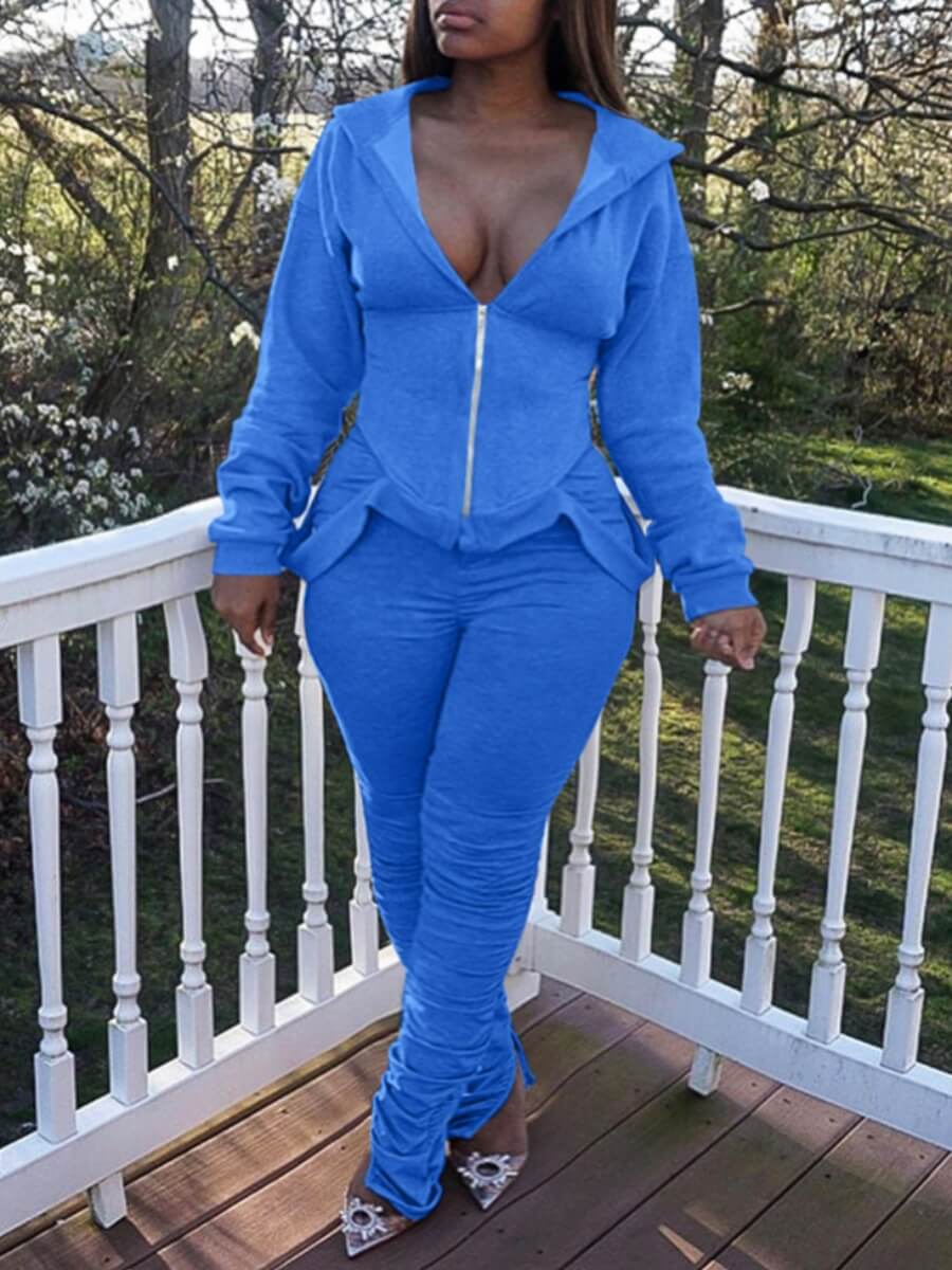 

Lovely Sportswear Hooded Collar Zipper Design Blue Two Piece Pants Set