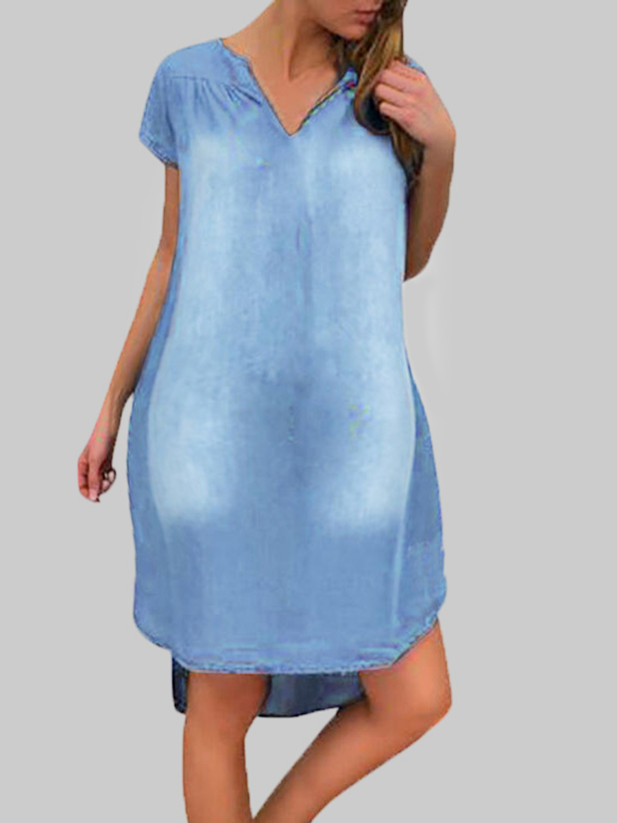 

lovely Casual V Neck Asymmetrical Blue Mini Plus Size Dress