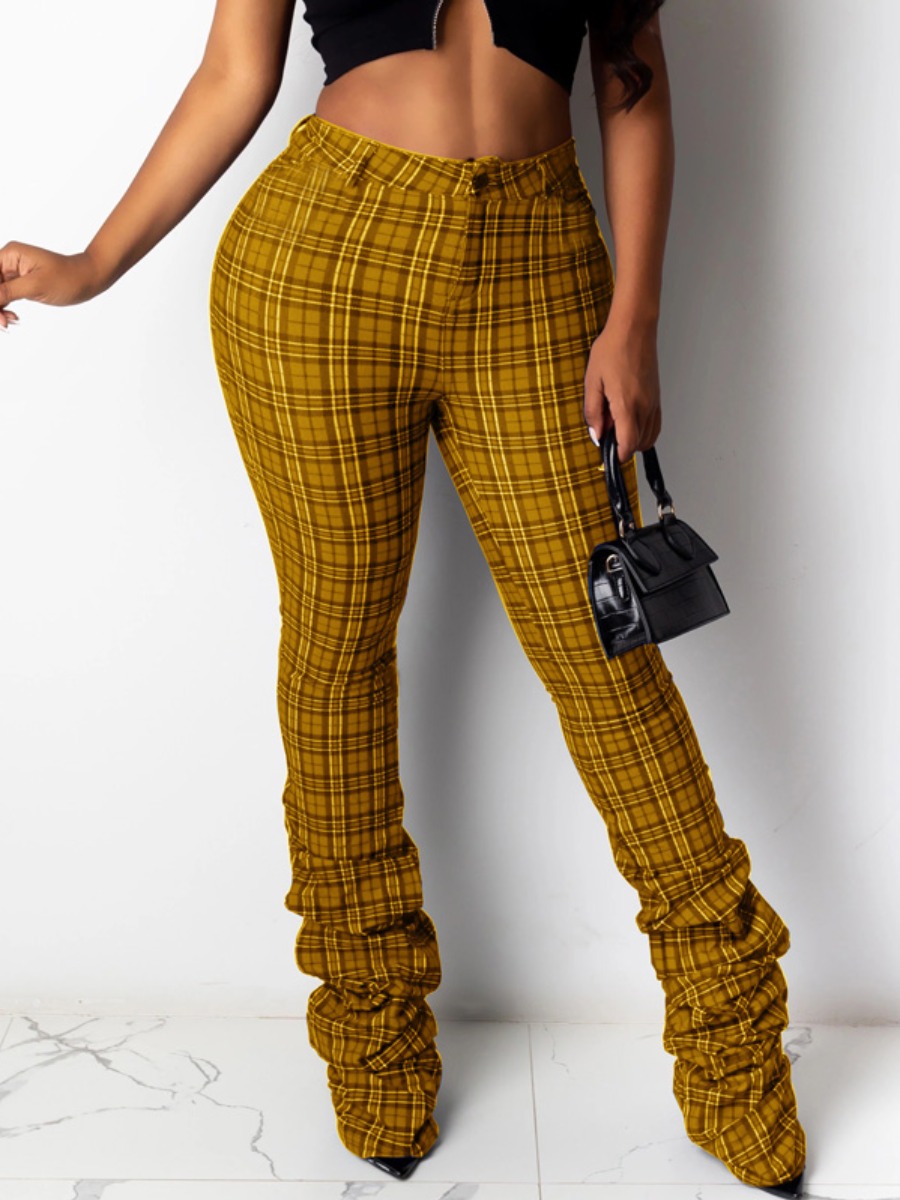 

lovely Street Grid Print Skinny Yellow Pants(Batch Gid Print