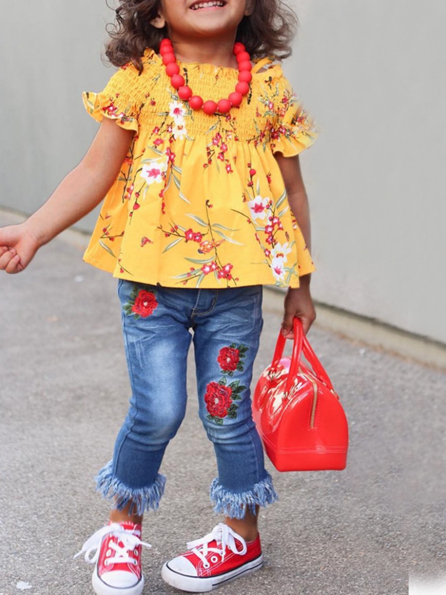 

lovely Trendy Hollow-out Floral Print Yellow Girl Two-piece Pants Set